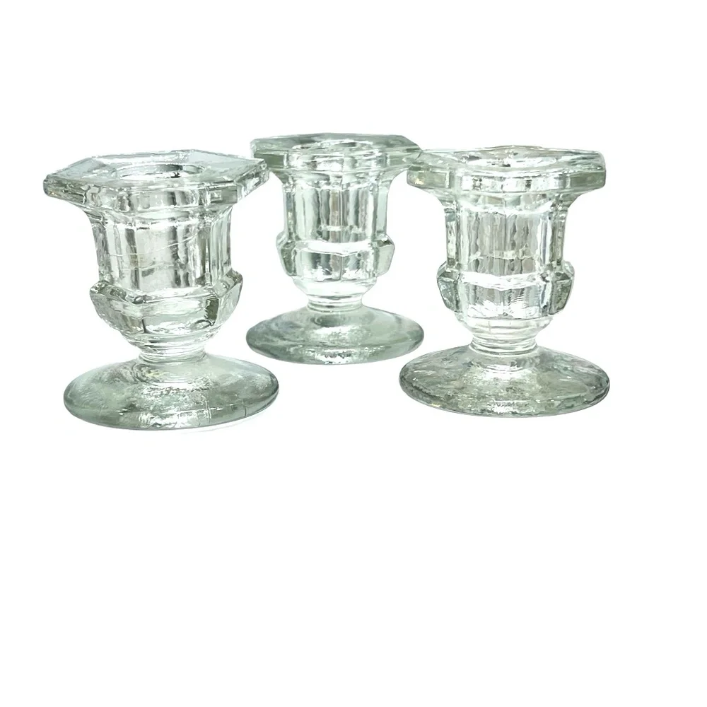 MOULDED/PRESSED CLEAR GLASS CANDLESTICKS - SET OF 3
